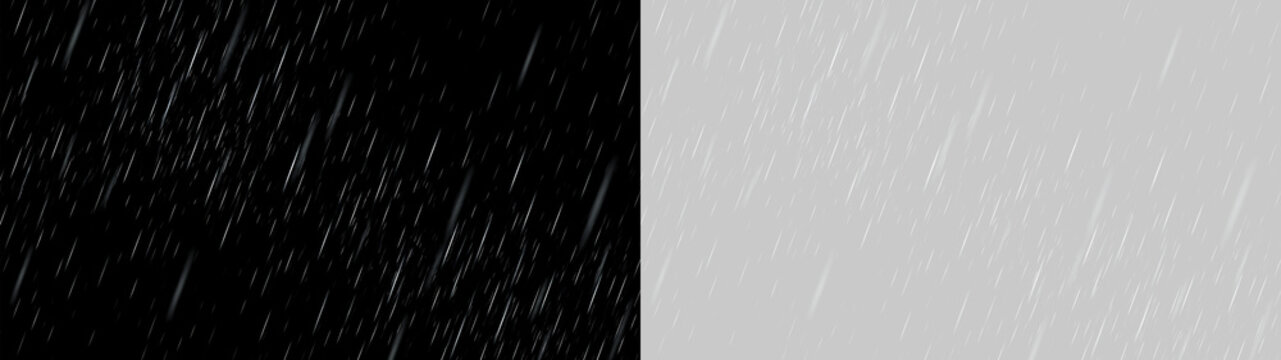 Falling rain overlay comparison on black and transparent background. Realistic diagonal downpour and drizzle effect for weather compositing