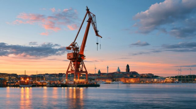 Eriksberg crane dominating gothenburg skyline at sunset