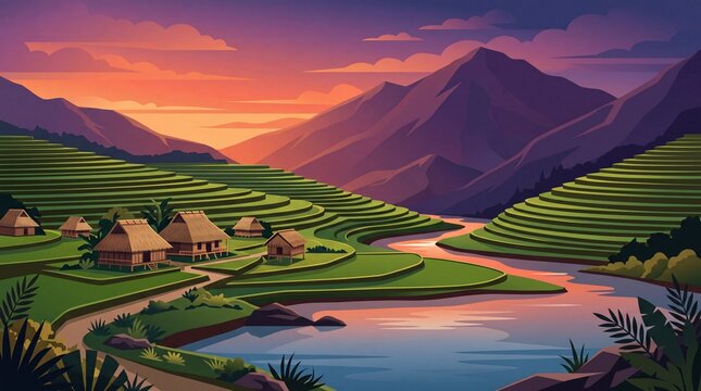 Flat Vector Illustration of Layered Green Rice Terraces and Traditional Farmhouses