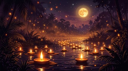 Obraz premium Magical Night Scene with Glowing Candles Floating on Water in a Tropical Forest Under Full Moon