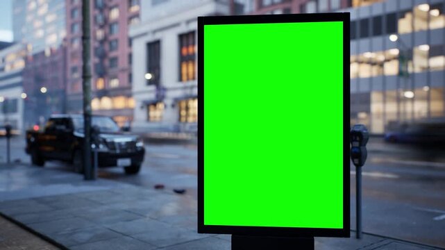 Outdoor advertising mockup: blank green screen board on a city sidewalk on a bright morning, partly cloudy sky. Fast-moving traffic timelapse with cinematic depth of field. Easy chroma key replacement