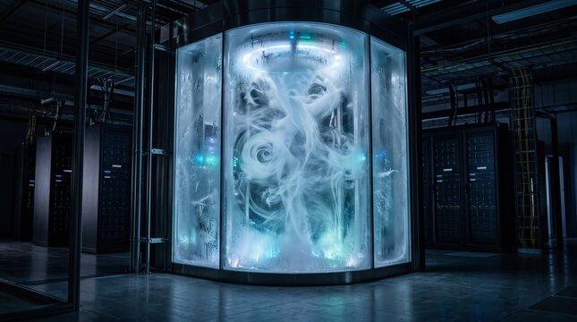 Futuristic cryogenic data center with glowing cooling chamber