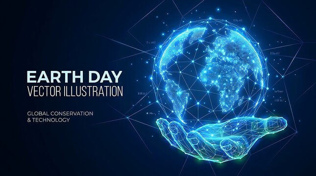 Digital illustration of human hands holding a glowing wireframe earth globe for earth day celebration