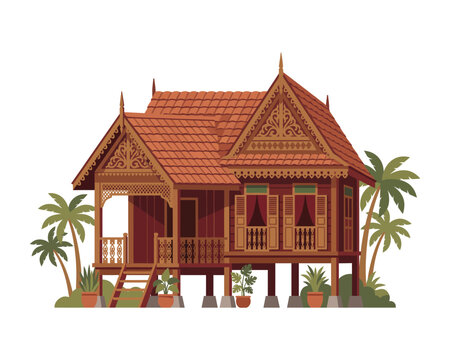 Traditional Southeast Asian wooden stilt house architecture vector