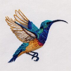 Fototapeta premium Embroidered Hummingbird Patch With Metallic Thread Detail On A Textured White Fabric Background