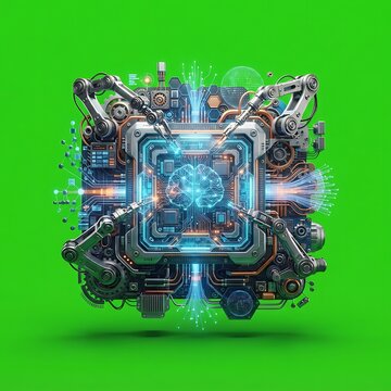 Automated Robotic Arms Working on a Central Neural Processor Core Concept Graphic