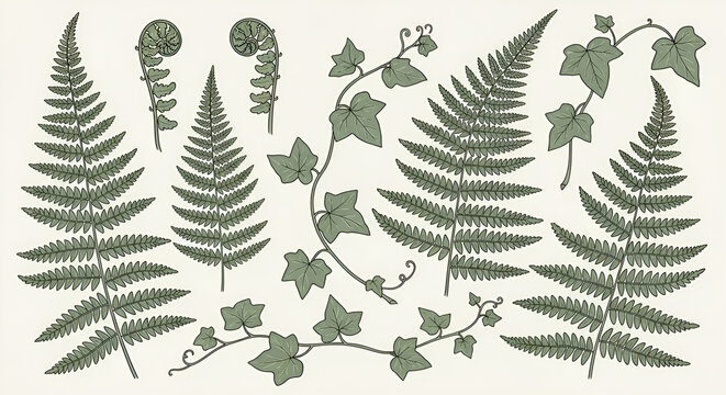 Hand drawn fern leaves and ivy vines botanical vector illustration set