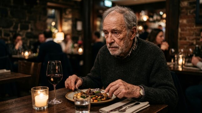 An elderly man with alzheimer eats a meal alone in a dim restaurant, looking distant with a sad expression while holding cutlery over a plate, capturing a poignant moment of isolation