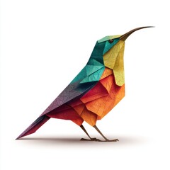 Fototapeta premium Geometric Paper Origami Hummingbird Design With Vibrant Multicolored Pattern Isolated On White Background