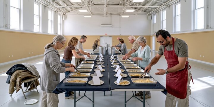 Christmas cookie exchange with neighbors filling satin tinplate containers at trestle tables for holiday party flyers and community events