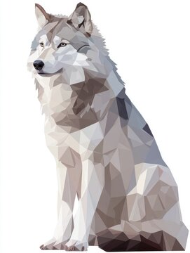 Geometric Low Poly Grey Wolf Sitting Isolated On White Background