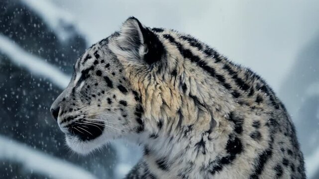 Snow leopard turning head in snowy mountain landscape with cinematic motion and selective focus