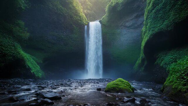 Majestic waterfall cascades down mossy cliffs in misty green forest with cinematic motion