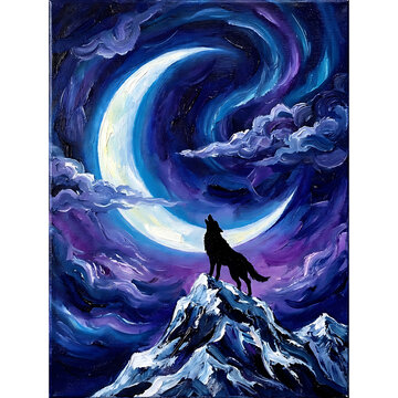 Wolf howling at crescent moon painting.