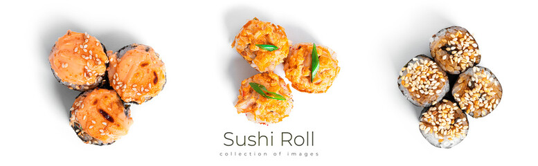 Baked Sushi Rolls with seefood isolated on white background. Hosomaki. © Светлана Гуркова
