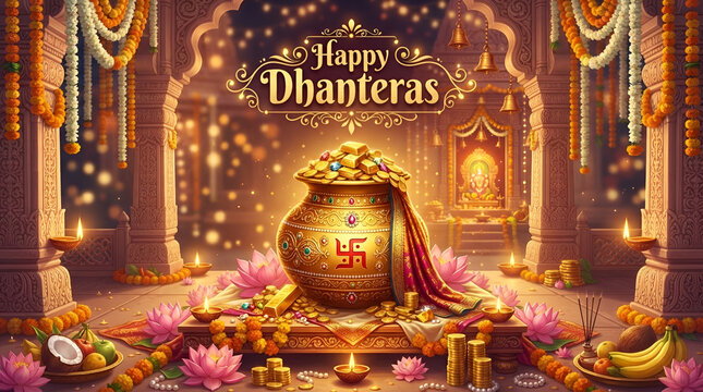 Happy dhanteras celebration with golden pot, coins, and diya lamps