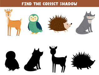 Fototapeta premium Find the correct shadow game for kids. Match each cute forest animal to its silhouette printable activity page. Vector illustration