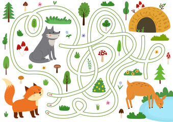Fototapeta premium Woodland maze game for kids. Help the cute fox find the way home through the forest. Activity page with adorable character. Vector illustration