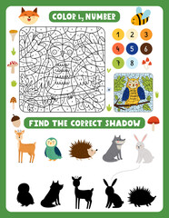 Fototapeta premium Cute woodland animals activity pages for kids. Printable activity sheet with forest characters mini games – color by number, find the shadow. Vector illustration.