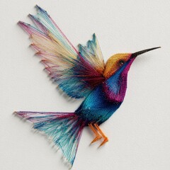Fototapeta premium Hummingbird Created From Colorful Threads On Textured White Paper Background