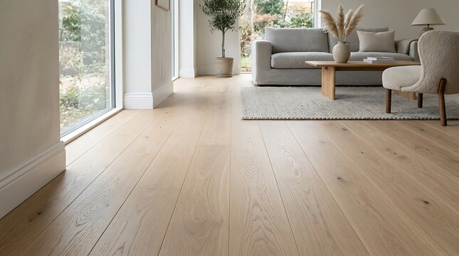 Natural light floods a modern minimalist living room featuring beautiful light oak hardwood flooring and elegant contemporary furniture pieces set in a bright spacious home interior