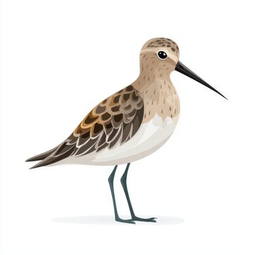 Illustration Of A Small Brown Sandpiper Bird Standing Isolated On A Clean White Background