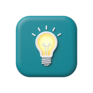3d icon of a glowing light bulb on a teal rounded square background, representing ideas, innovation, and creativity, animated 4k stick video isolated on transparent background