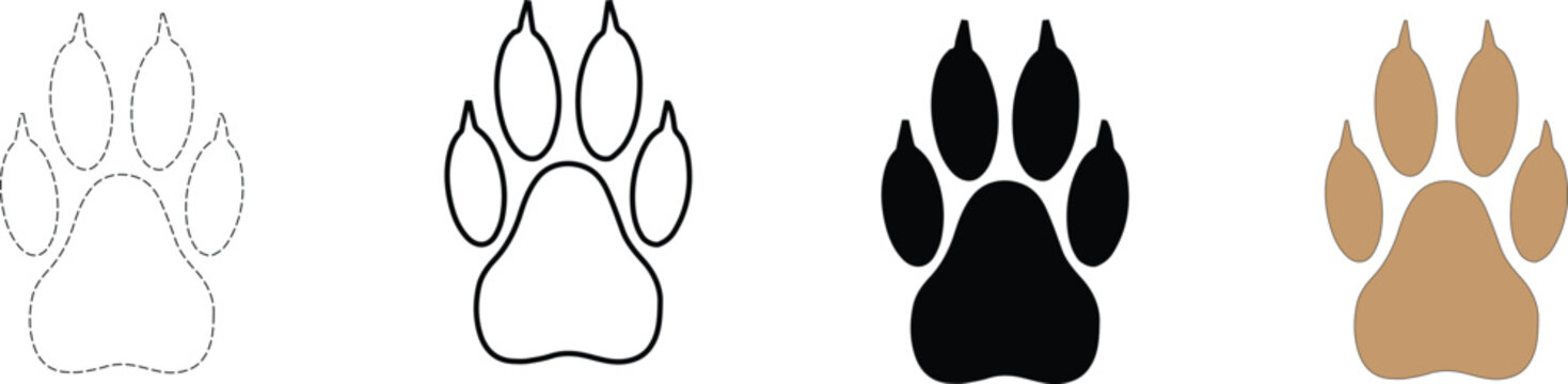 Animal paw print vector set, wolf or dog footprint icons in black and brown, 4 wild animal track elements for nature and pet branding