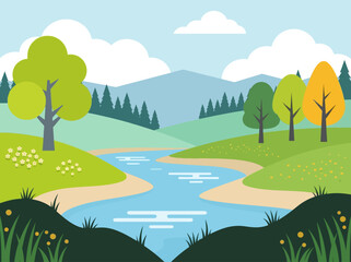 Obraz premium Flat Design Nature Landscape with Winding River Green Hills and Mountains Vector Illustration