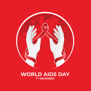 World aids day - White hand hold up and red ribbon cross in circle globe texture on red background vector design