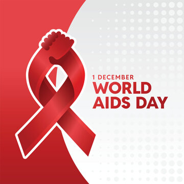 World aids day - Red ribbon with hand hold hand sign on white red and dot texture background vector design