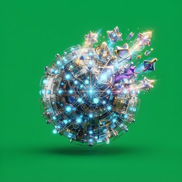 Abstract sphere of glowing neural network circuitry emitting sparkling star particles