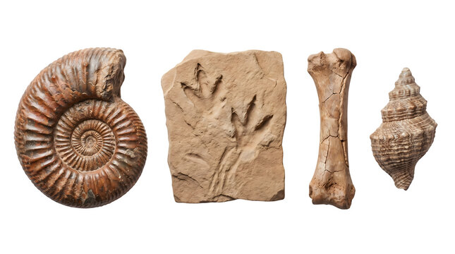 Collection of prehistoric fossils and ammonite specimens including a spiral ammonite, fossilized footprints, fossil bone and spiral shell on transparent background