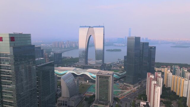 Aerial view of Suzhou skyline with Gate of the Orient and modern skyscrapers in Suzhou, China