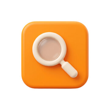 3d icon of a magnifying glass on an orange square button, representing search, discovery, and research tools, animated 4k stick video isolated on transparent background