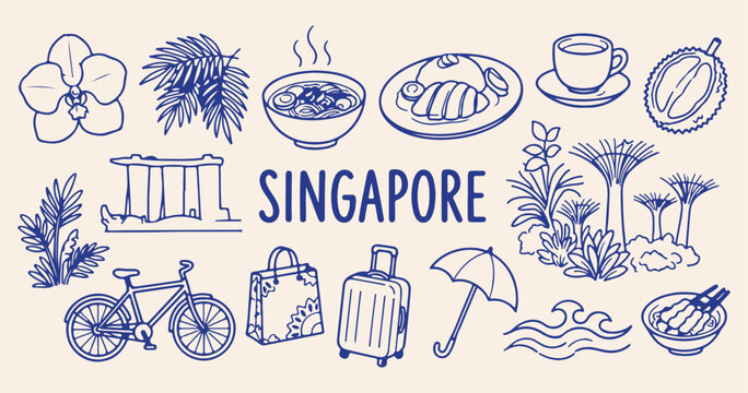singapore tropical garden city travel doodles, famous marina bay architecture skyline line art, delicious authentic laksa noodle soup sketches, sweet steamed chicken rice culinary drawings, exotic tro