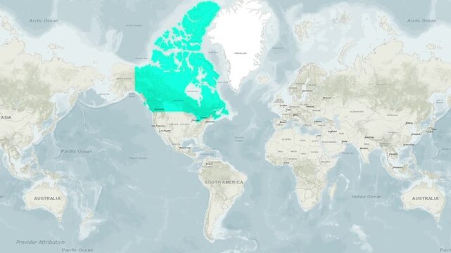 World map with canada highlighted in cyan, showing its geographical location in north america in relation to other continents and oceans