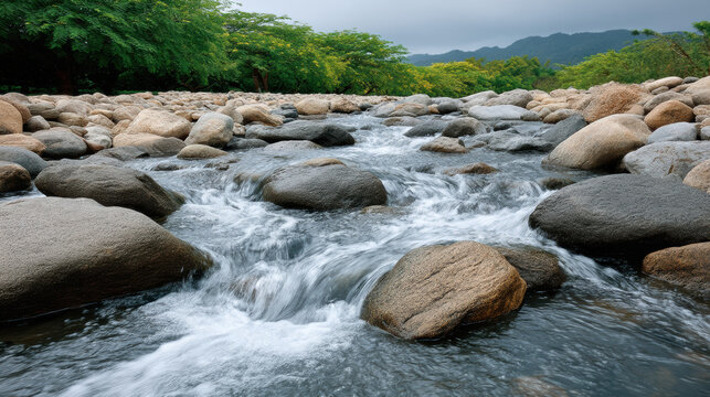 River rock water nature landscape wide angle flowing outdoor green mountain peaceful scenic stream summer environment