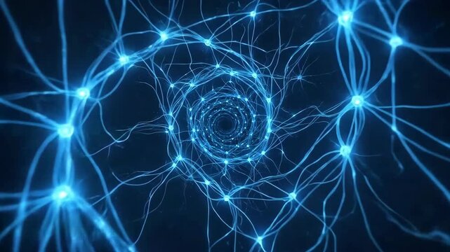 Abstract blue neural network spiral of flowing digital data nodes