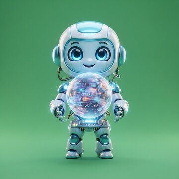 Cute Robot Holding a Glowing Digital Sphere Illustration on Green Background