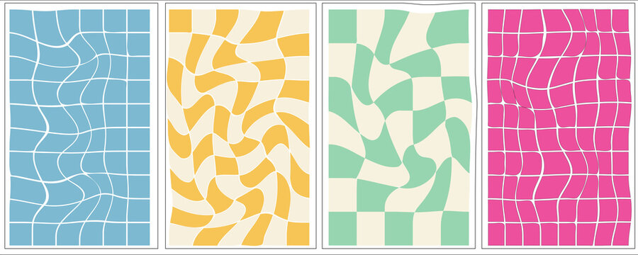 Wavy distortion grid pattern set groovy distorted checkerboard background retro trippy vector banner