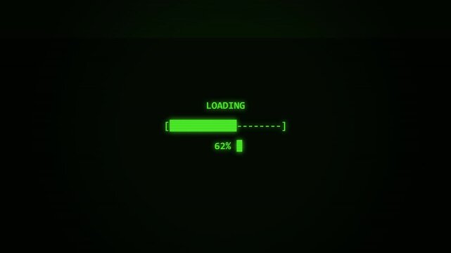 Retro 8 Bit Digital Loading Progress Bar with Increasing Percentage on a Green Computer Screen Ideal for Video Game Transitions