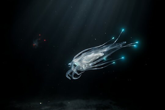 Translucent Bioluminescent Squid Swimming in Deep Ocean