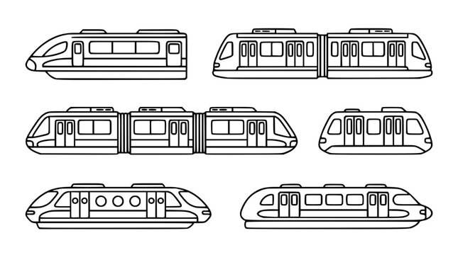 Modern Monorail and High Speed Bullet Train Icon Set Featuring Black and White Outline Vector Illustrations for Public Transit and Urban Transportation Graphics