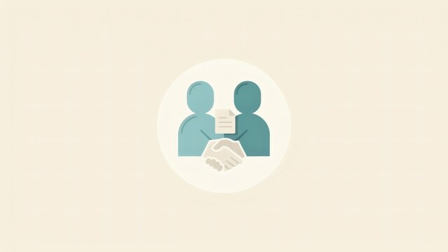Two people shaking hands over a business document icon on a light beige background with stylized figures shaking them circular background document placed