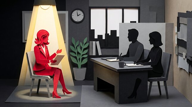 Job interview scene built from cut paper with a spotlit red figure sitting opposite grey and black silhouette interviewers