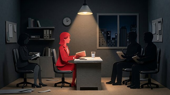 Job interview scene built from cut paper with a spotlit red figure sitting opposite grey and black silhouette interviewers