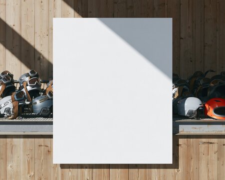 Blank white board mockup on a weathered larch wood wall for ski resort pre season and ski season preparation, with copy space