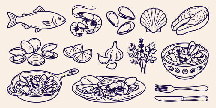 gourmet mediterranean seafood cuisine line art, fresh ocean shrimp mussels culinary sketches, pan seared shellfish garlic food drawings, rosemary lemon culinary seasonings graphic elements, rustic coa