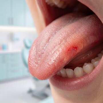 Close-up View of a Painful Canker Sore on the Side of a Human Tongue During a Dental Examination in a Clinical Setting